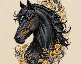 Black Horse Embroidery Design, Elegant Floral Portrait, Western Machine File (Digital Download)