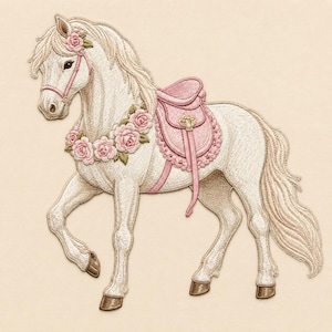 May include: An embroidered image of a white horse with a pink saddle and bridle. The horse is adorned with a garland of pink roses around its neck and a matching floral headpiece. The horse is in a walking pose.