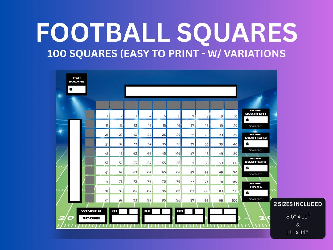 Football Square Raffle 100 Football Squares Game Football Fundraiser Game Printable PDF | 3 ...