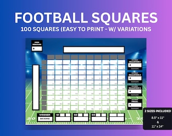 100 Football Squares Game Football Fundraiser Game Printable PDF | 3 Variations and Sizes