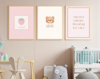 Girls Nursery Wall Art Set of 3, Strawberry Print, Teddy Bear Quote, ABC Alphabet Poster, Baby Girl Room Decor, Pink Printable Nursery Art