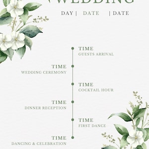 Wedding Program Template, Floral Greenery Canva Design with Event Timeline Digital Download