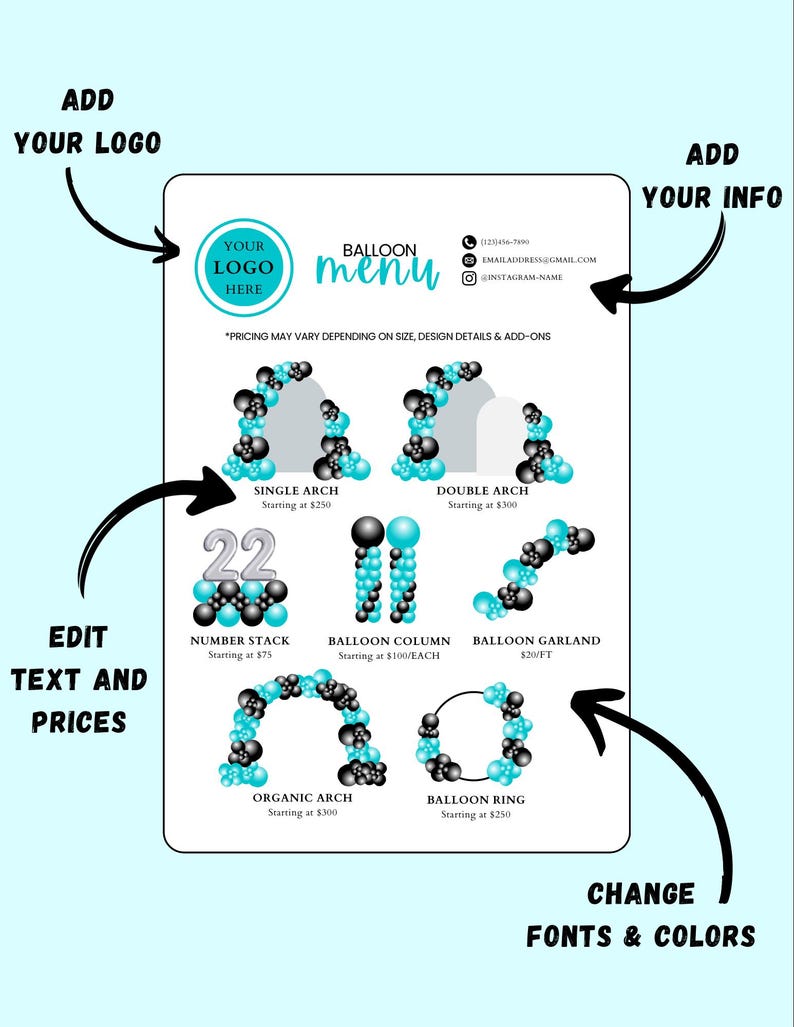 Editable Balloon Menu Template | Canva Pricing List for Decor Business ...
