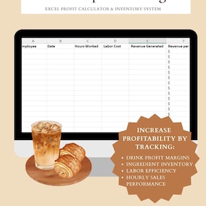 May include: Digital graphic of a computer screen displaying a spreadsheet labeled "Coffee Shop Profit Engine." The image includes a glass of iced coffee, croissants, and text: "Increase Profitability by Tracking." Compatible with Microsoft Excel.