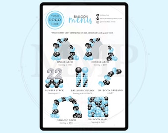 Lista de precios editable para decoración con globos / Plantilla de menú en Canva