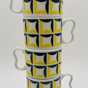 Vintage Stackable Coffee Mugs Set of 4 | SY Japan | MCM Black Yellow Op Art