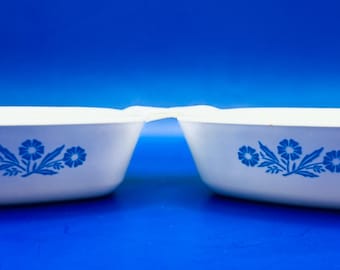 2 Vintage Cornflower Blue Corning Ware Petite Pans P-41. One cracked handle