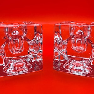 Pair 1960's Crystal Glass Modern Ice Cube Candle Holder 2" MCM
