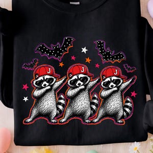 May include: A black sweatshirt featuring a graphic of three raccoons wearing red baseball caps with the letter J and black sunglasses, all performing a dab pose. The design includes black polka-dot bats and colorful stars scattered above the raccoons.