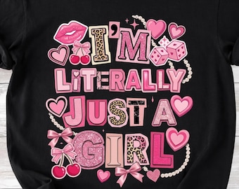 Literalmente solo soy una chica PNG, collage preppy coqueto, diseño de camiseta femenina moderna, estética rosa cereza con lazo, sublimación de cita linda de la niñez