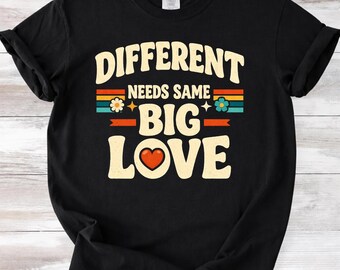Diferentes necesidades, un gran amor PNG, Camiseta de apoyo familiar para padres de niños con autismo, Diseño retro vintage (Descargar PNG)
