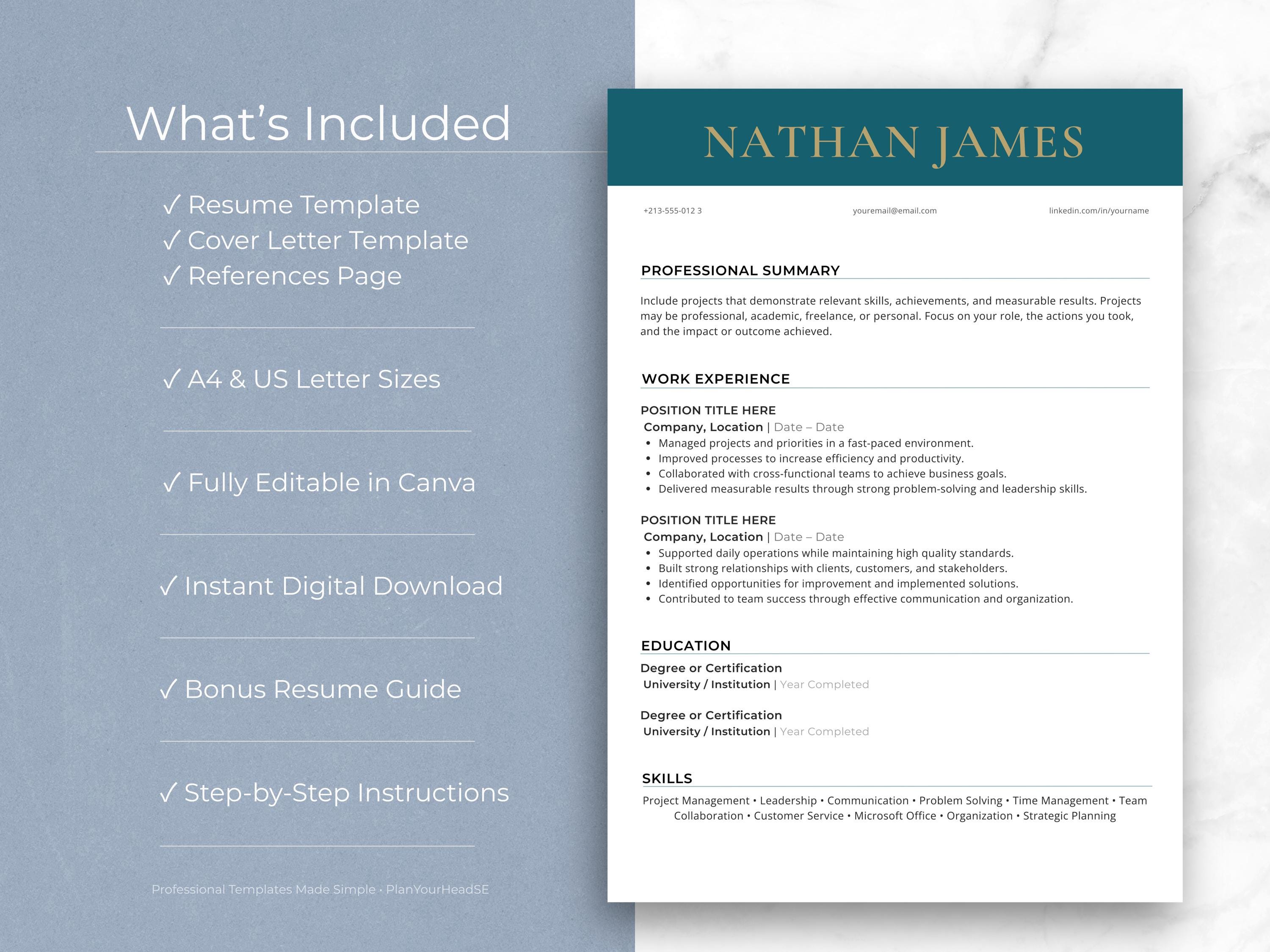 Executive Resume Canva Template | Professional ATS Friendly CV | Cover ...