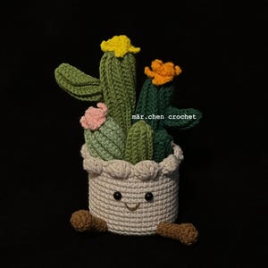 Könnte beinhalten: Eine gehäkelte Kakteenpflanze in einem weißen Topf mit einem lächelnden Gesicht und kleinen braunen Füßen. Der Kaktus hat grüne, gelbe und rosa Blüten. Der Text "mär.chen crochet" ist sichtbar.