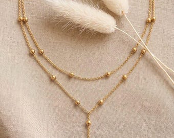Collar Doble Cadena Dorada con Perlas y Colgante Y en Acero Inoxidable - Joya Minimalista Superpuesta