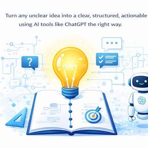以下が含まれることがあります： 開いた本の上に光る電球、ロボット、吹き出しがあるイラスト。テキストは「不明確なアイデアを、ChatGPTのようなAIツールを使って、明確で構造化された、実行可能な計画に変えましょう」と書かれています。