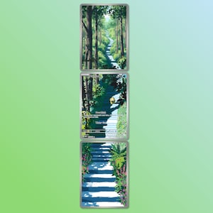 May include: Three trading cards featuring nature scenes. The top card depicts a forest path, the middle card shows a staircase with text, and the bottom card shows a staircase with flowers. The cards have a silver border.
