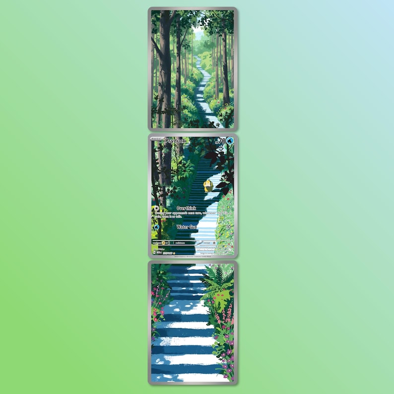 May include: Three trading cards featuring nature scenes. The top card depicts a forest path, the middle card shows a staircase with text, and the bottom card shows a staircase with flowers. The cards have a silver border.