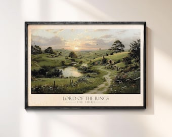 Plakat ścienny „Władca Pierścieni” Shire – Hobbiton, pejzaż na płótnie, przytulny plakat fantasy dla fanów Tolkiena