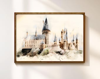 Plakat ścienny „Zamek Szkoły Magii” – akwarelowy wydruk na płótnie, plakat „Szkoła Magii Czarodziejów” do wystroju fantasy