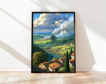 May include: A framed wall art print depicting a lush green valley landscape with rolling hills, terracotta-roofed houses in the foreground, and a large, complex mechanical structure emitting thick white smoke into a bright blue sky with clouds.