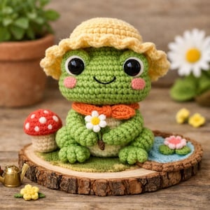 May include: A crocheted green frog wearing a yellow hat and orange scarf, holding a white daisy. The frog has pink cheeks and large black eyes. A red and white mushroom and a small pond with a lily pad are nearby. The frog is on a wooden slice.