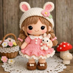 Puede incluir: Una muñeca de ganchillo hecha a mano con un vestido rosa con cuello y ribete blancos, un sombrero blanco con orejas de conejo rosas y zapatos marrones. La muñeca sostiene un pequeño conejito blanco. Una cesta de flores y una seta están en el fondo.