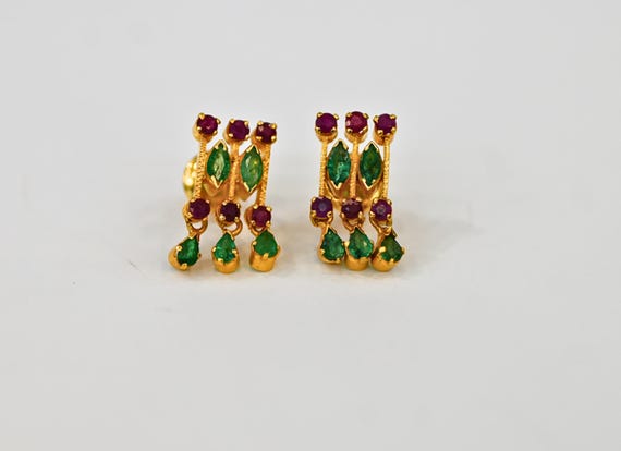 22K Solid Yellow Gold Ruby & Emerald Earrings / I… - image 4