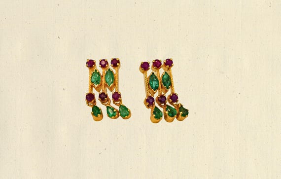 22K Solid Yellow Gold Ruby & Emerald Earrings / I… - image 1