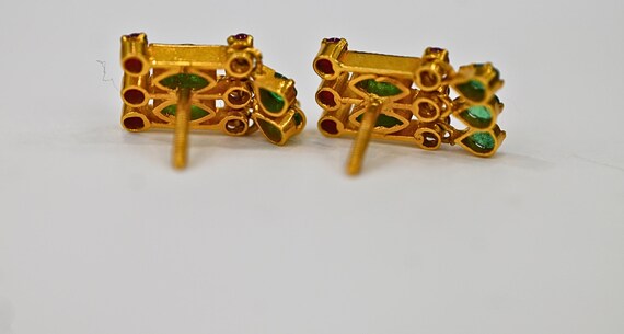 22K Solid Yellow Gold Ruby & Emerald Earrings / I… - image 7