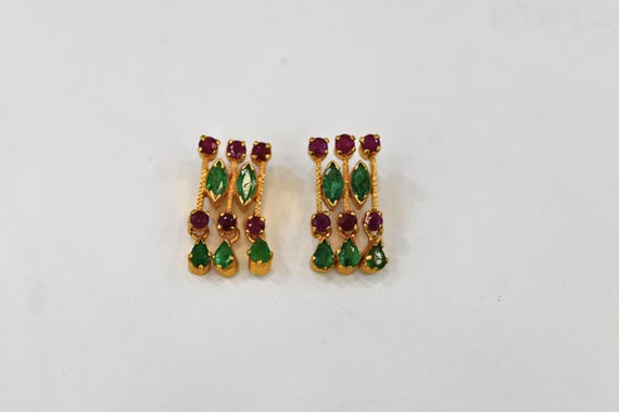 22K Solid Yellow Gold Ruby & Emerald Earrings / I… - image 5