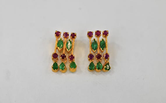 22K Solid Yellow Gold Ruby & Emerald Earrings / I… - image 2