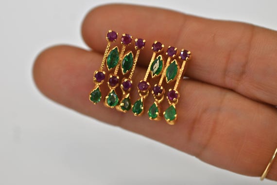22K Solid Yellow Gold Ruby & Emerald Earrings / I… - image 6