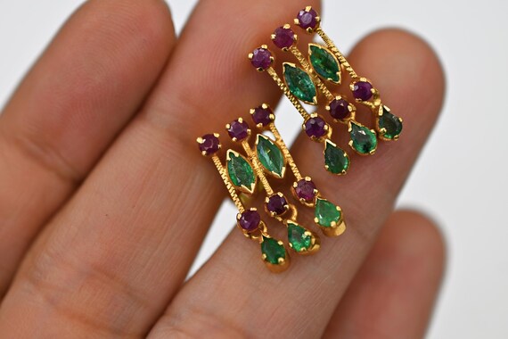 22K Solid Yellow Gold Ruby & Emerald Earrings / I… - image 11