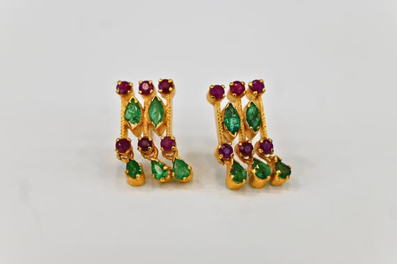 22K Solid Yellow Gold Ruby & Emerald Earrings / I… - image 8