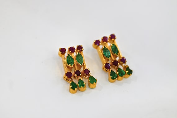 22K Solid Yellow Gold Ruby & Emerald Earrings / I… - image 3