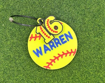 Personalized 3D Printed Softball Bag Tag | Custom Name and Number Keychain, Player Gift
