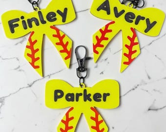 Personalized Softball Bow Bag Tag | Custom Name Keychain, Bat Bag Accessory
