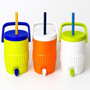 May include: Three colorful water coolers with spouts and handles. The coolers are yellow, orange, and white, each with a different colored lid and straw. The yellow cooler has a blue lid and handle, the orange has a white lid and handle, and the white cooler has a green lid and handle.