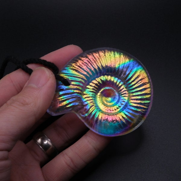 Rainbow Glass Ammonite Iridescent Shell Pendant Amulet Talisman Necklace Dichroic Art