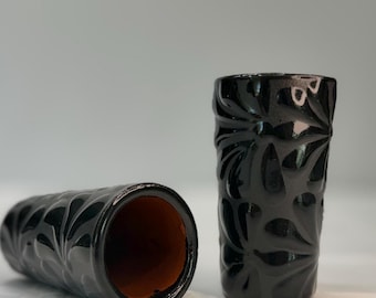 Oaxaca zwarte klei bloemen shot beker gebrand oranje interieur set van 2