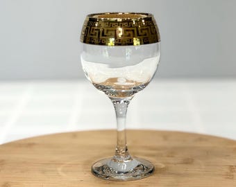 Joseph Sedgh Greek Key Wine Glass, Gold Rim Stemmed Goblet