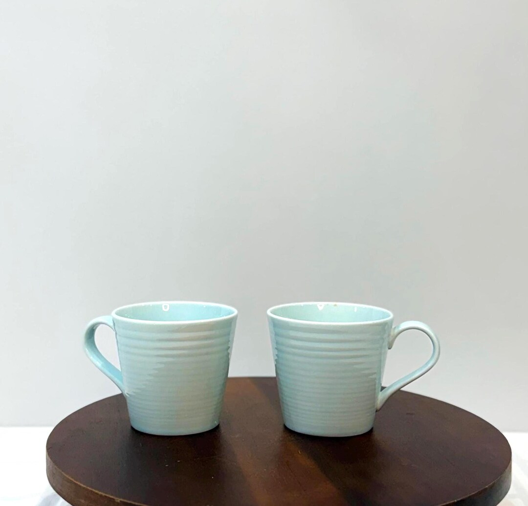 Set of 2 Aqua Blue Ribbed Stoneware Mugs – Modern Tea Cups - Etsy
