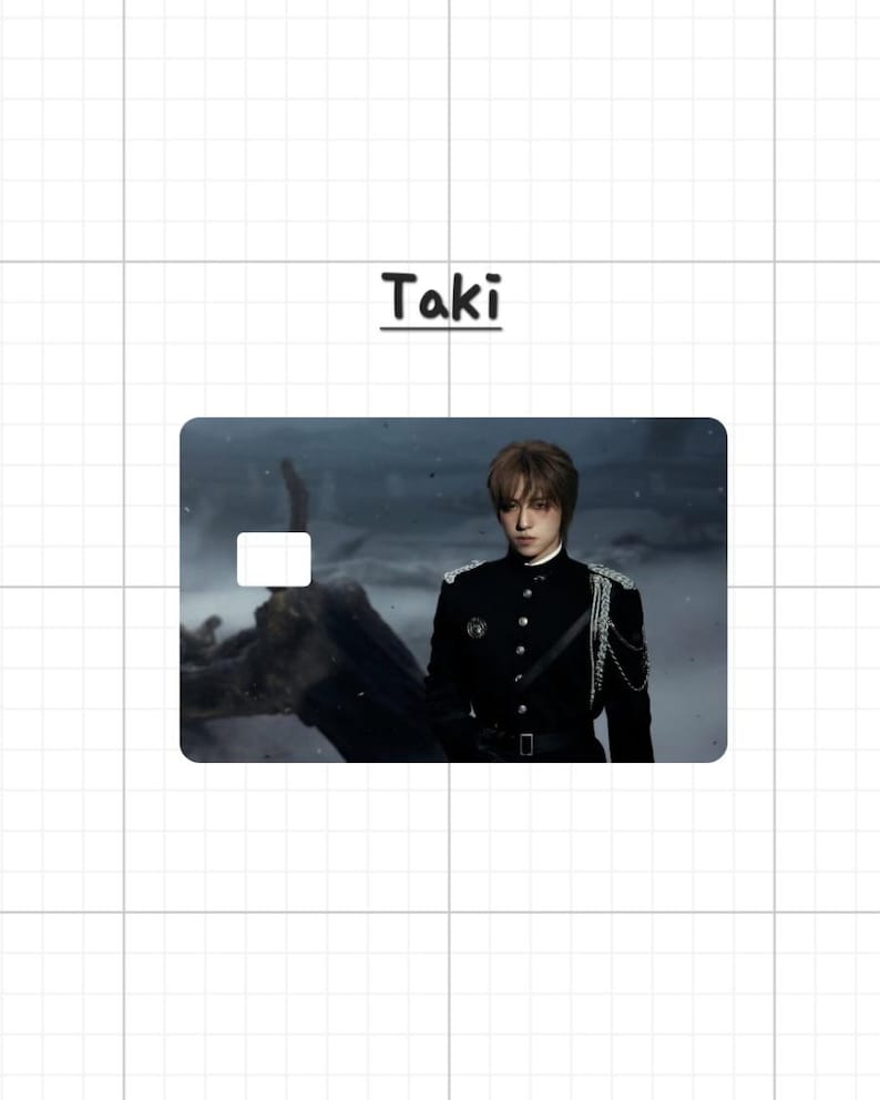 May include: A rectangular card with the name "Taki" above it. The card features an image of a person in a black uniform with silver chain accents. The background is a blurred, dark landscape.