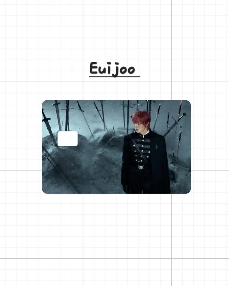 May include: A rectangular card with the name "Eui joo" in black text at the top. The card features a person in a black uniform with a cape, standing in a misty environment with swords. The background is a dark, dramatic scene.