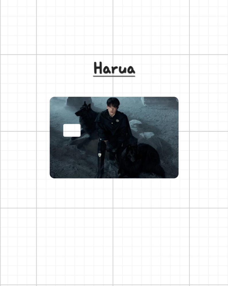 May include: A rectangular card with a dark image of a person in black clothing with two black dogs. The word "Harua" is written in black above the card. A white rectangle is on the card.