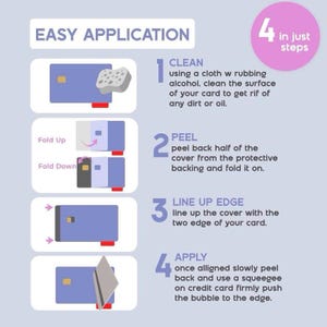 Puede incluir: Diagrama de cuatro pasos que demuestra una aplicaci&oacute;n f&aacute;cil. Los pasos son limpiar, pelar, alinear el borde y aplicar. El texto "EASY APPLICATION" est&aacute; en la parte superior, con un c&iacute;rculo rosa que dice "4 in just steps".