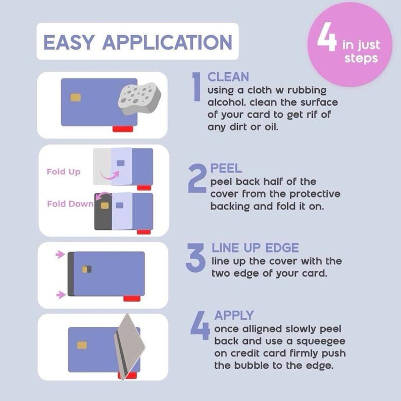 Puede incluir: Diagrama de cuatro pasos que demuestra una aplicaci&oacute;n f&aacute;cil. Los pasos son limpiar, pelar, alinear el borde y aplicar. El texto "EASY APPLICATION" est&aacute; en la parte superior, con un c&iacute;rculo rosa que dice "4 in just steps".