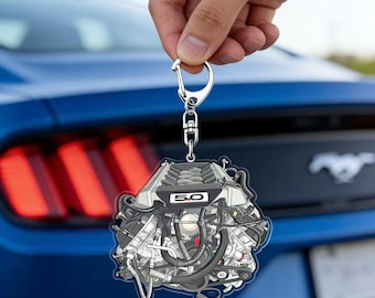 HANDMADE Mustang Engine Keychain, Hand-Drawn Miniature, Automotive Collectible, Gift for Mustang Fans & Car Enthusiasts