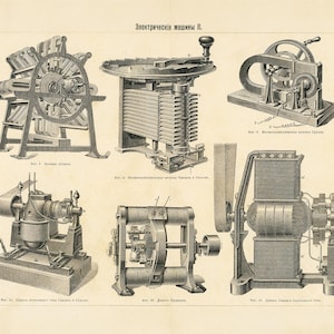 May include: An antique print featuring detailed illustrations of various electrical machines. The black and white drawings showcase the intricate designs of the machinery, with gears, wheels, and other mechanical components. The print is on a cream-colored background.