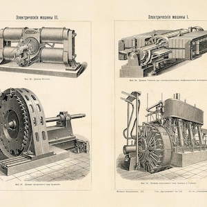 May include: Vintage black and white illustrations of electrical machines. The images showcase detailed diagrams of industrial machinery, including generators and engines, with technical labels in Russian.